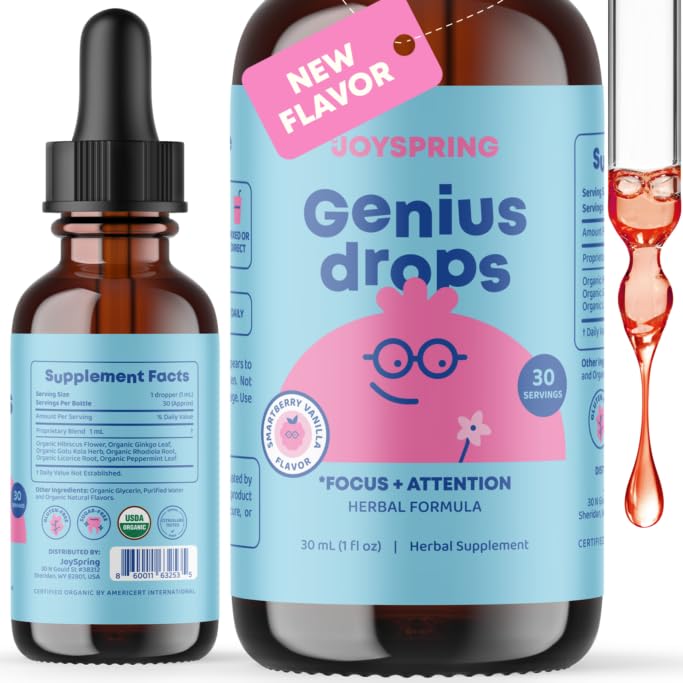 JoySpring Genius Drops Smartberry Vanilla | Herbal Focus Support for Kids with Ginkgo Biloba, Licorice Root, Gotu Kola Extract, Peppermint Leaf | Liquid Cognitive Wellness Formula|1fl oz (30 Servings)