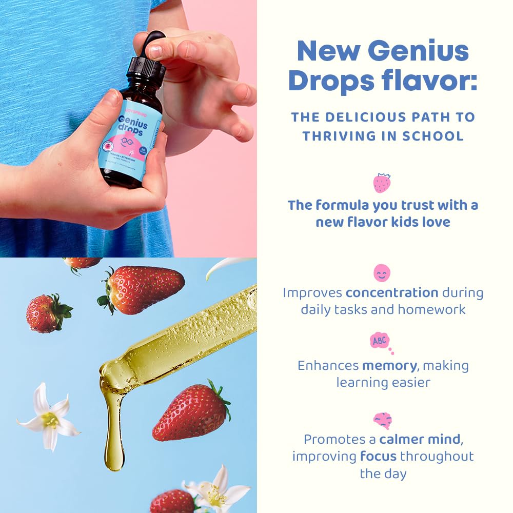JoySpring Genius Drops Smartberry Vanilla | Herbal Focus Support for Kids with Ginkgo Biloba, Licorice Root, Gotu Kola Extract, Peppermint Leaf | Liquid Cognitive Wellness Formula|1fl oz (30 Servings)
