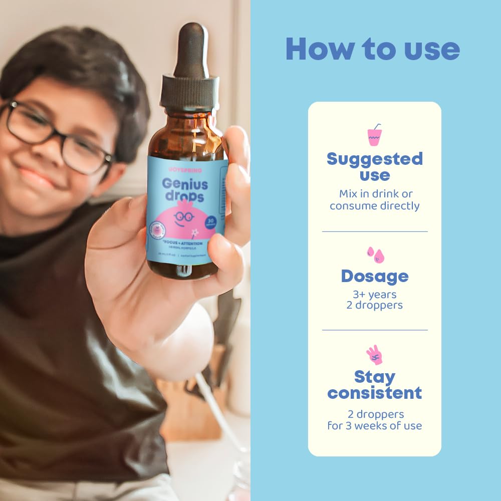 JoySpring Genius Drops Smartberry Vanilla | Herbal Focus Support for Kids with Ginkgo Biloba, Licorice Root, Gotu Kola Extract, Peppermint Leaf | Liquid Cognitive Wellness Formula|1fl oz (30 Servings)