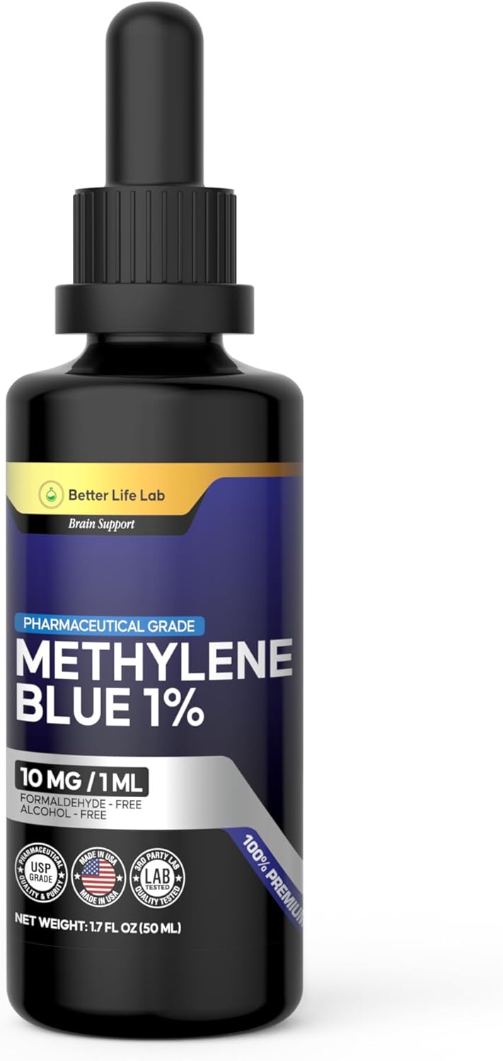 Methylene Blue Pharmaceutical Grade 99.99% with Dropper, Health Dietary Supplement for Humans, No Formaldehyde, Made in USA (1% 50ml Bottle)