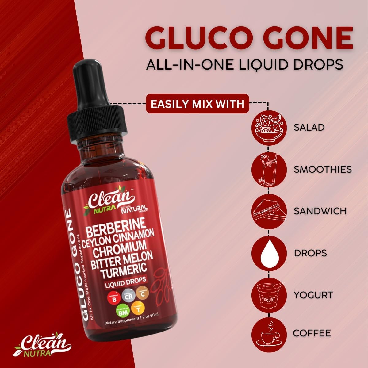 Clean Nutra Berberine with Ceylon Cinnamon Supplement Liquid Drops + Bitter Melon Extract, Glucomannan, Gymnema, Chromium, Turmeric, Organic Panax Ginseng, Moringa GLP-1 Support