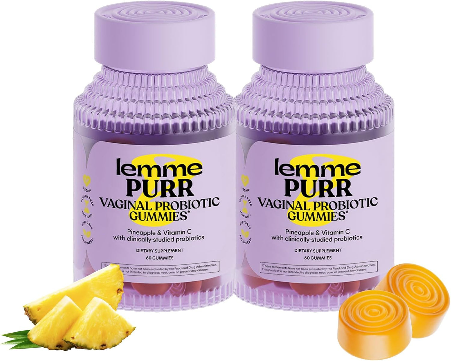 Lemme Purr Vaginal Probiotic Gummies for Women - Balanced pH, Healthy Odor, Yeast Balance & Flora Support + Vitamin C for Immune Health - Tasty Pineapple (60 Count)