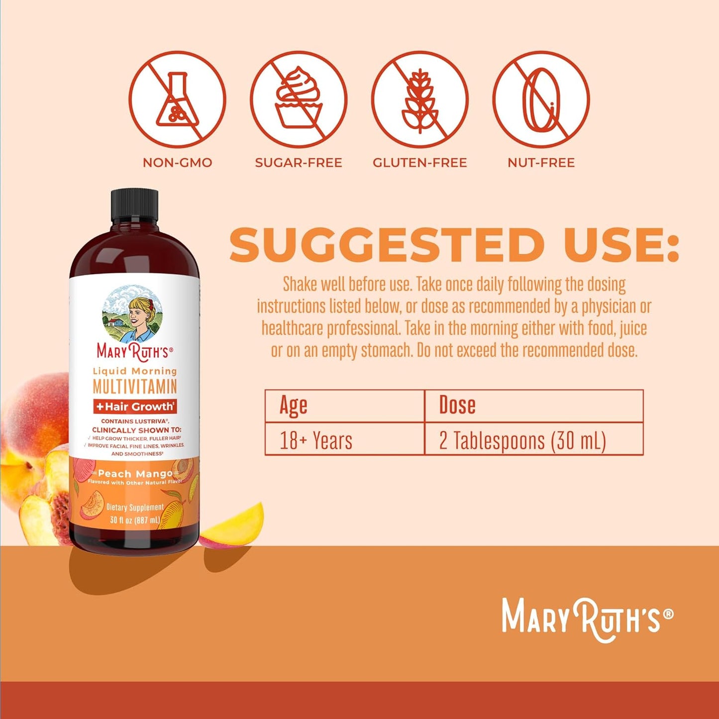 MaryRuth's Liquid Multivitamin + Hair Growth | Biotin 10000mcg | Lustriva Hair Growth Supplement | Clinically Tested in Women for Thicker Hair & Facial Wrinkle | Skin Care | Ages 18+ | 30 Fl Oz