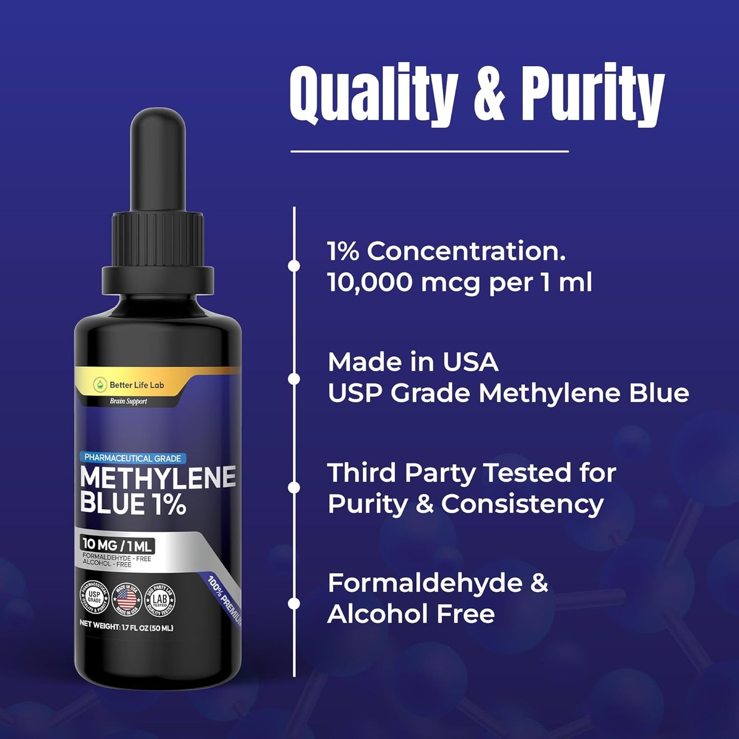 Methylene Blue Pharmaceutical Grade 99.99% with Dropper, Health Dietary Supplement for Humans, No Formaldehyde, Made in USA (1% 50ml Bottle)