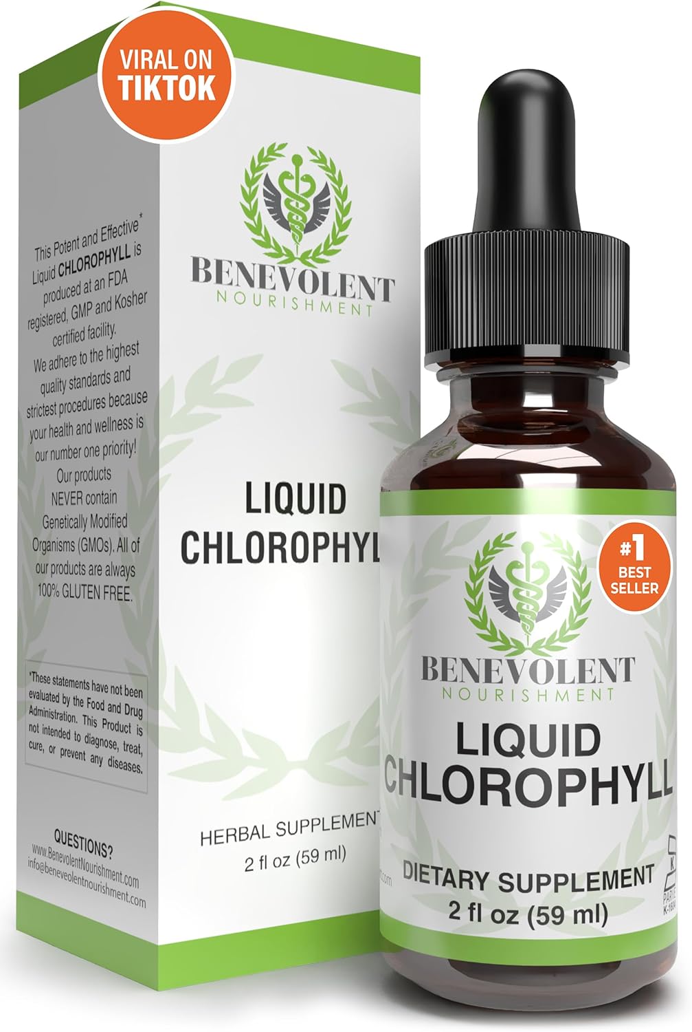 Benevolent Chlorophyll Liquid Drops – Organic Detox & Immune Support, Internal Deodorizer & Skin Health Supplement, Non-GMO, 4 Month Supply, Natural Mint Flavor