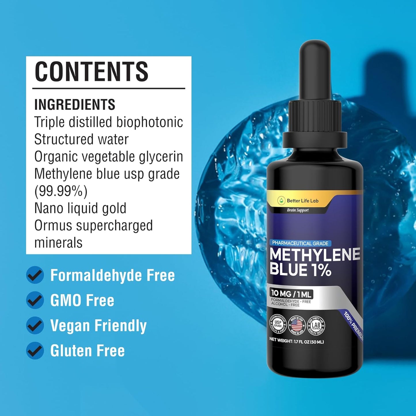 Methylene Blue Pharmaceutical Grade 99.99% with Dropper, Health Dietary Supplement for Humans, No Formaldehyde, Made in USA (1% 50ml Bottle)