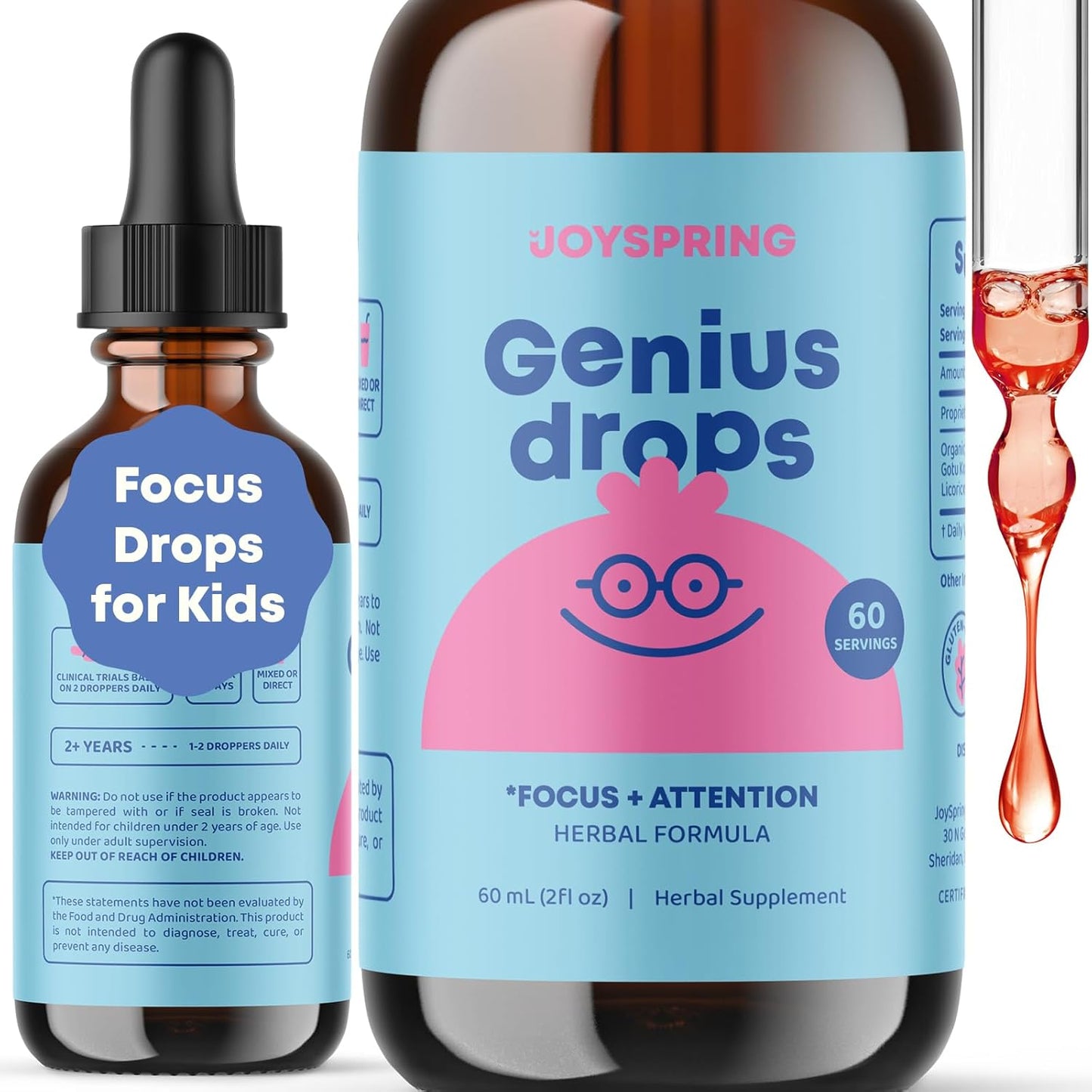 JoySpring Genius Drops Smartberry Vanilla | Herbal Focus Support for Kids with Ginkgo Biloba, Licorice Root, Gotu Kola Extract, Peppermint Leaf | Liquid Cognitive Wellness Formula|1fl oz (30 Servings)