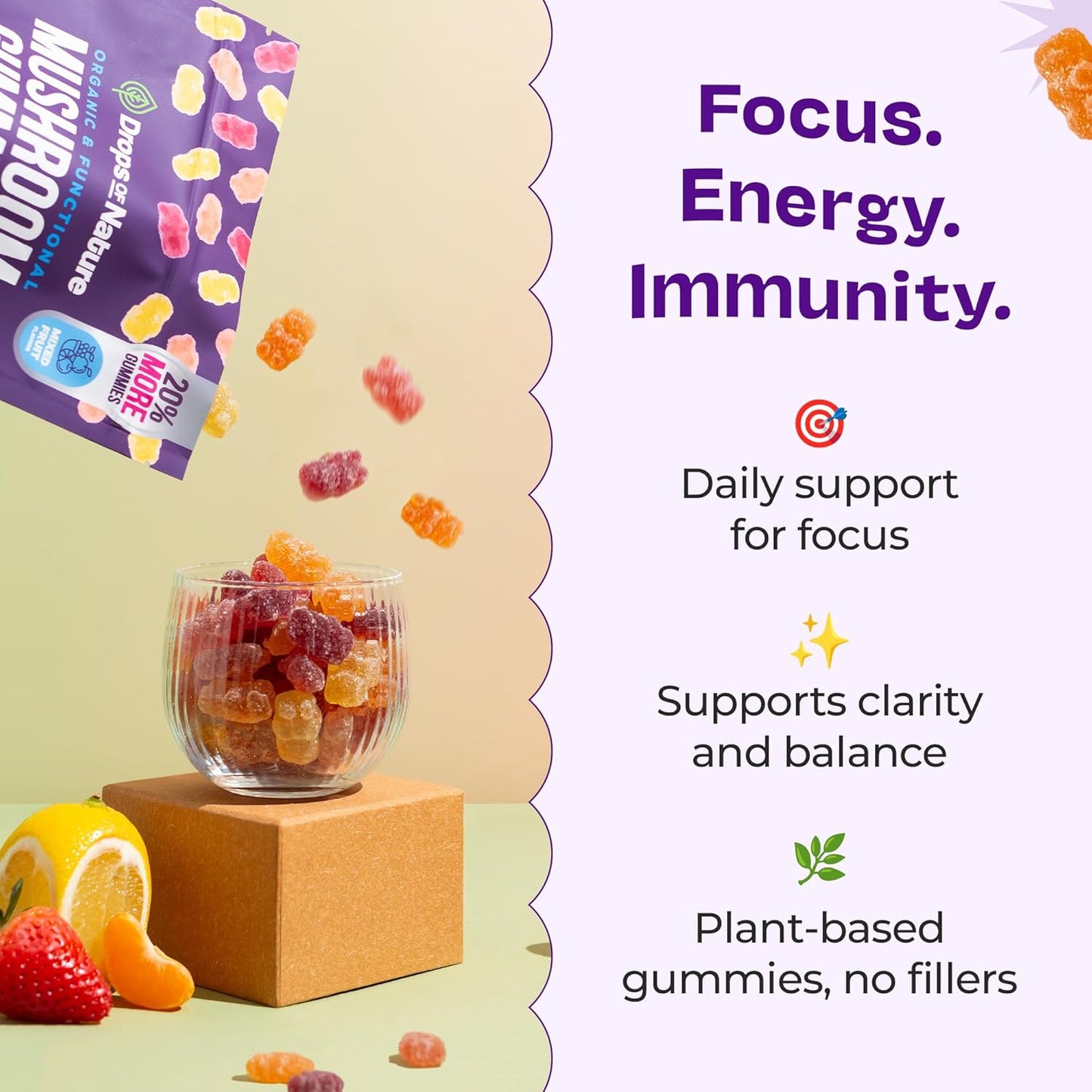 Drops Of Nature Ashwagandha Gummies and Lions Mane Mushroom Gummies Supplement - Organic - Reishi, Cordyceps, Turkey Tail, Maitake, Shitake, Chaga - Immune Defense, Boosts Cognitive Performance, Vegan, Low Carb