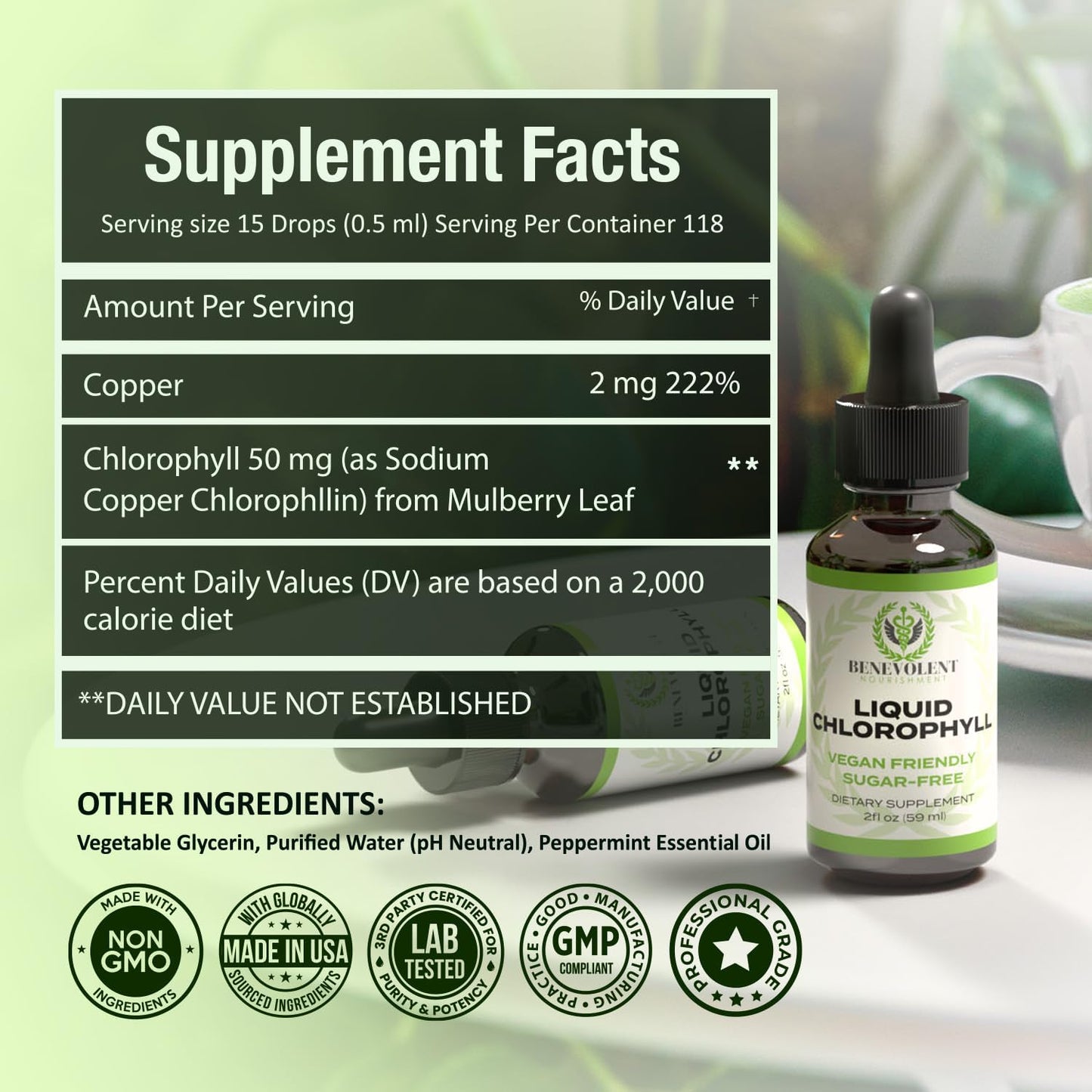 Benevolent Chlorophyll Liquid Drops – Organic Detox & Immune Support, Internal Deodorizer & Skin Health Supplement, Non-GMO, 4 Month Supply, Natural Mint Flavor