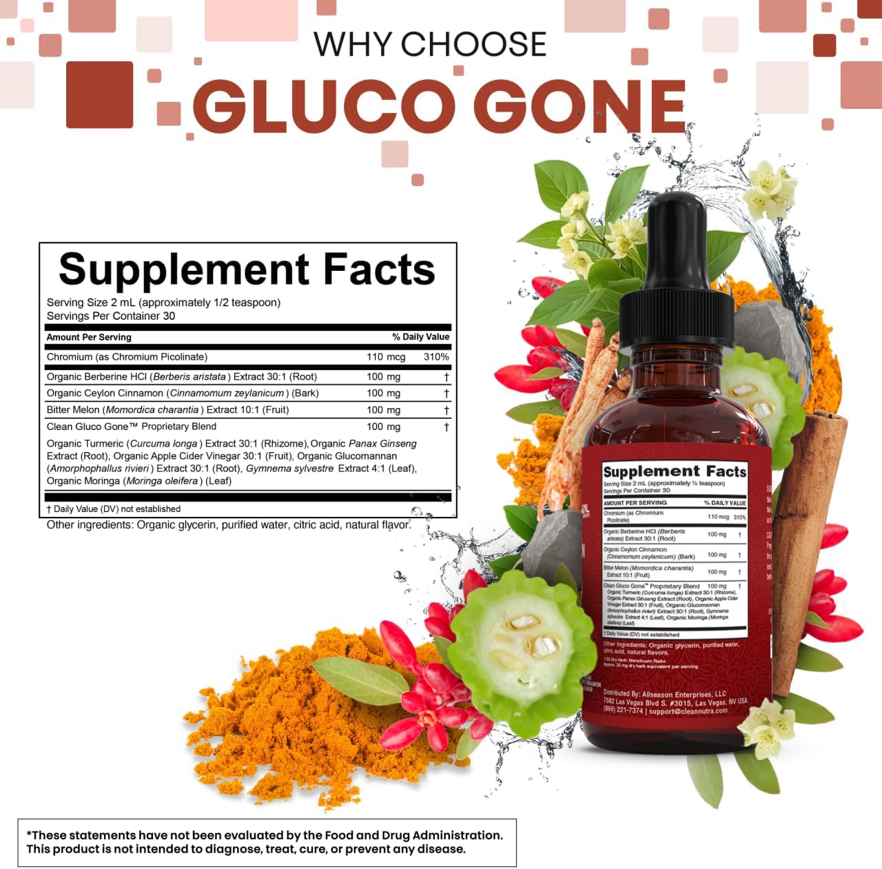Clean Nutra Berberine with Ceylon Cinnamon Supplement Liquid Drops + Bitter Melon Extract, Glucomannan, Gymnema, Chromium, Turmeric, Organic Panax Ginseng, Moringa GLP-1 Support