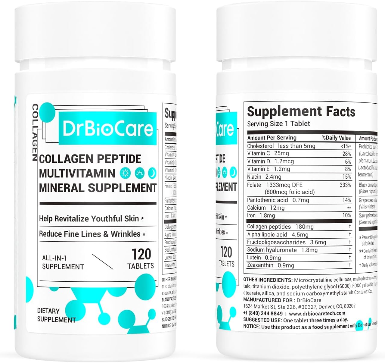 DrBioCare Collagen Peptides for Women, Beauty Vitamin & Mineral Supplement,Contains Vitamin D3, Probiotics for Women & Collagen Peptides,Vitamin E,Vitamin B Complex - Made in USA - 120 Tablets