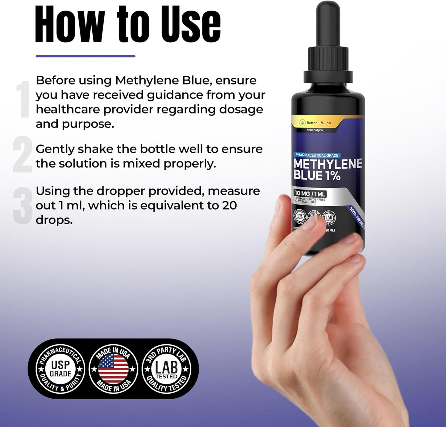 Methylene Blue Pharmaceutical Grade 99.99% with Dropper, Health Dietary Supplement for Humans, No Formaldehyde, Made in USA (1% 50ml Bottle)