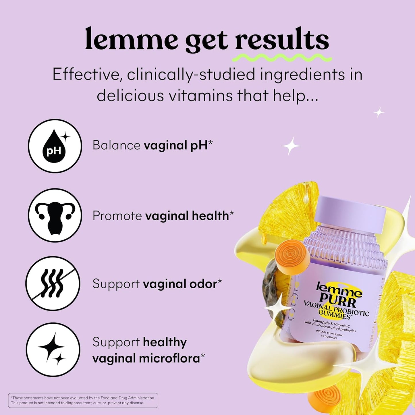 Lemme Purr Vaginal Probiotic Gummies for Women - Balanced pH, Healthy Odor, Yeast Balance & Flora Support + Vitamin C for Immune Health - Tasty Pineapple (60 Count)