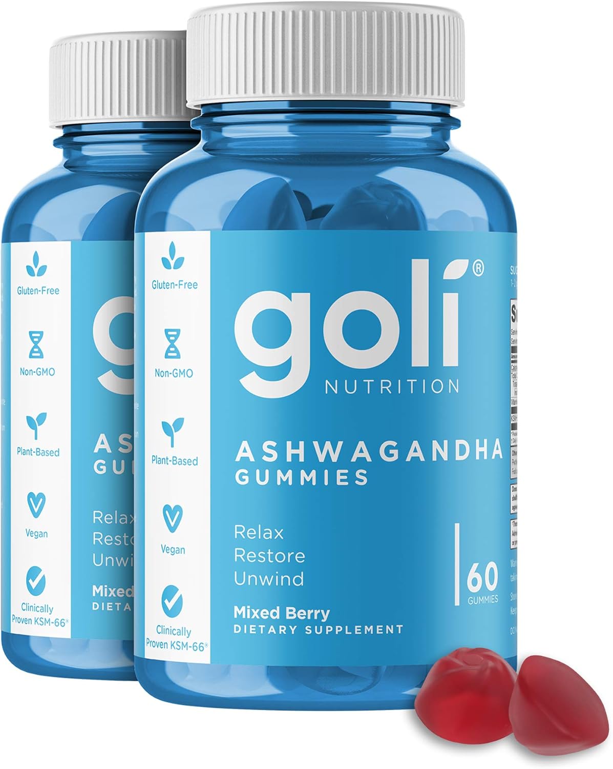 Goli Ashwagandha & Vitamin D Gummy - 60 Count - Mixed Berry, KSM-66, Vegan, Plant Based, Non-GMO, Gluten-Free & Gelatin Free Relax. Restore. Unwind, Pack of 1