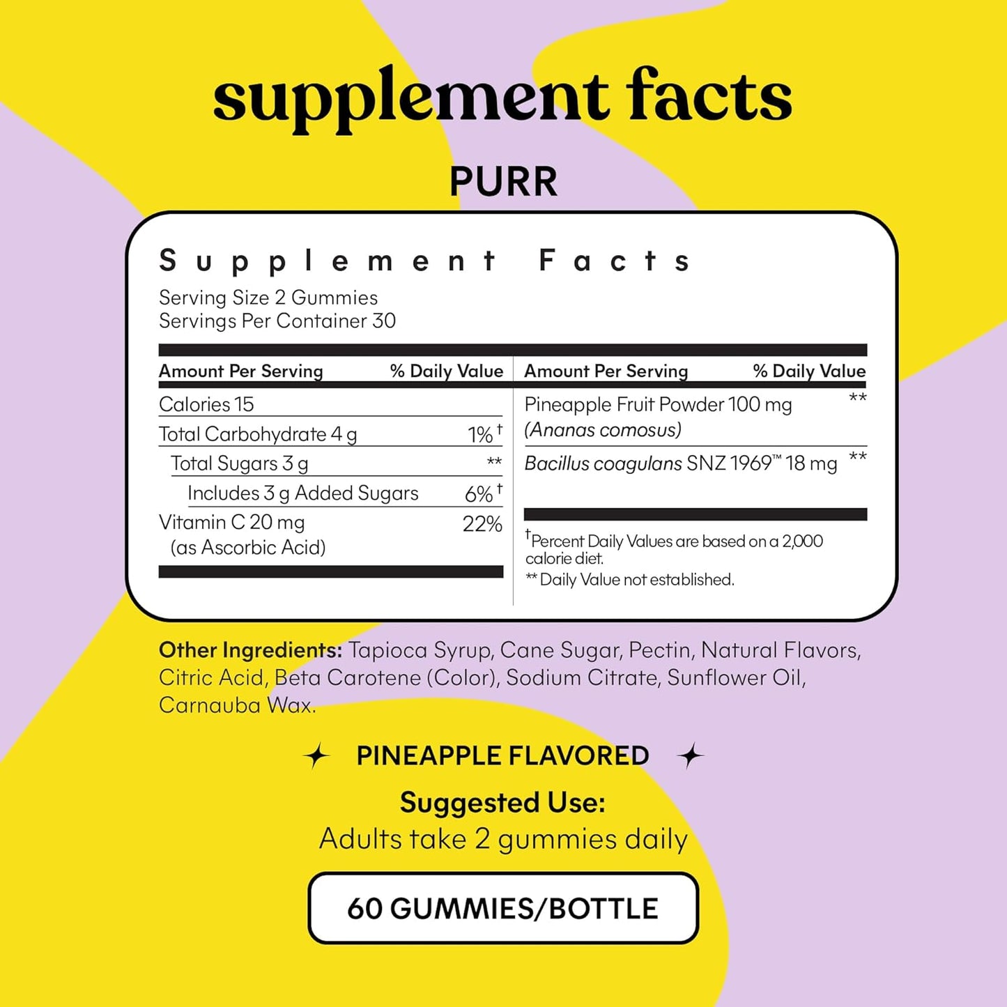 Lemme Purr Vaginal Probiotic Gummies for Women - Balanced pH, Healthy Odor, Yeast Balance & Flora Support + Vitamin C for Immune Health - Tasty Pineapple (60 Count)