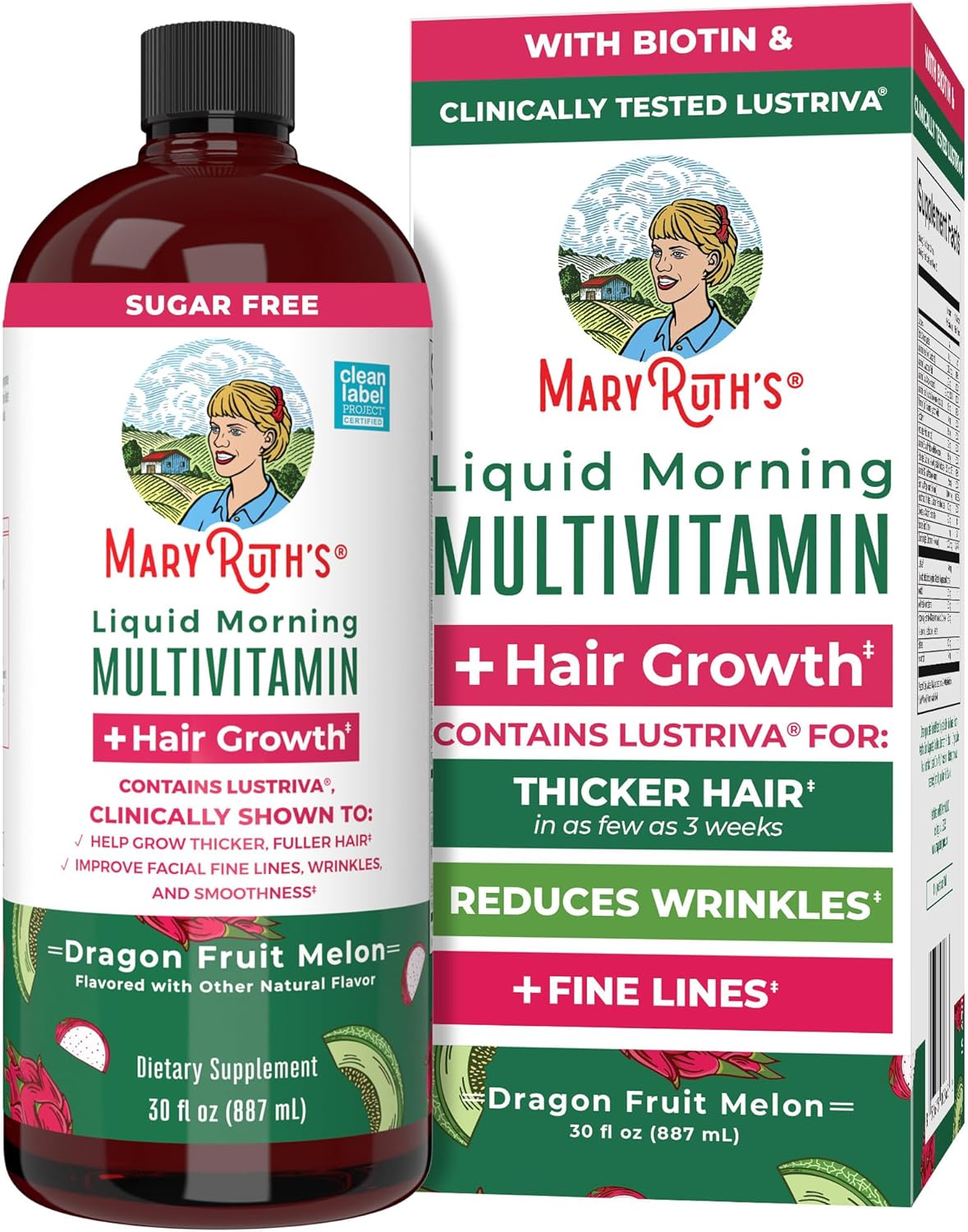 MaryRuth's Liquid Multivitamin + Hair Growth | Biotin 10000mcg | Lustriva Hair Growth Supplement | Clinically Tested in Women for Thicker Hair & Facial Wrinkle | Skin Care | Ages 18+ | 30 Fl Oz