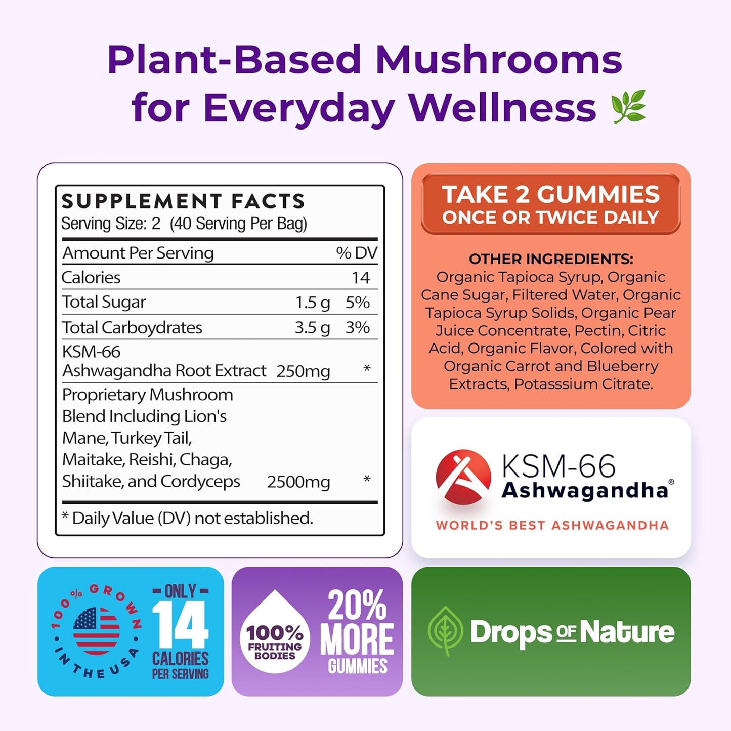 Drops Of Nature Ashwagandha Gummies and Lions Mane Mushroom Gummies Supplement - Organic - Reishi, Cordyceps, Turkey Tail, Maitake, Shitake, Chaga - Immune Defense, Boosts Cognitive Performance, Vegan, Low Carb