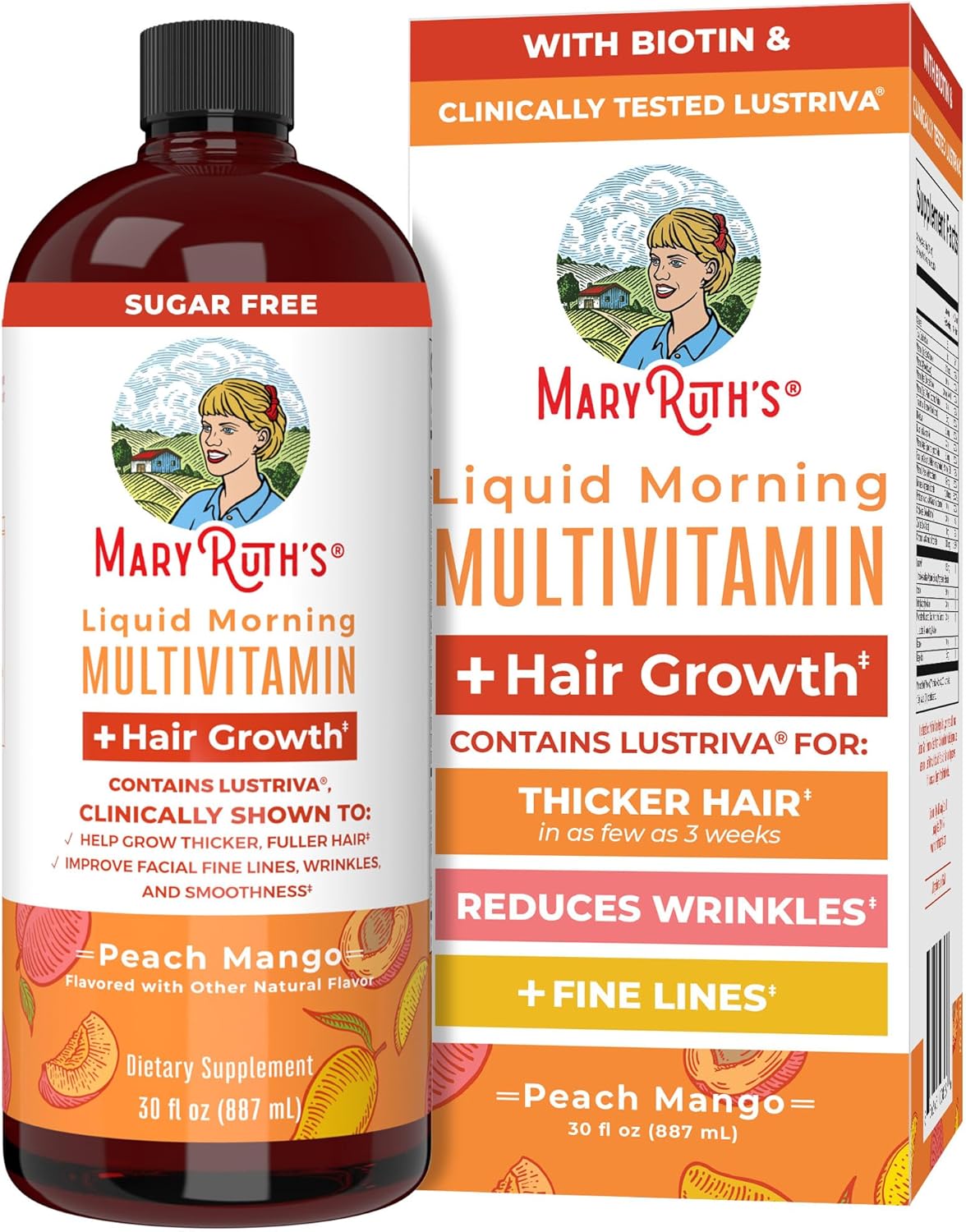 MaryRuth's Liquid Multivitamin + Hair Growth | Biotin 10000mcg | Lustriva Hair Growth Supplement | Clinically Tested in Women for Thicker Hair & Facial Wrinkle | Skin Care | Ages 18+ | 30 Fl Oz