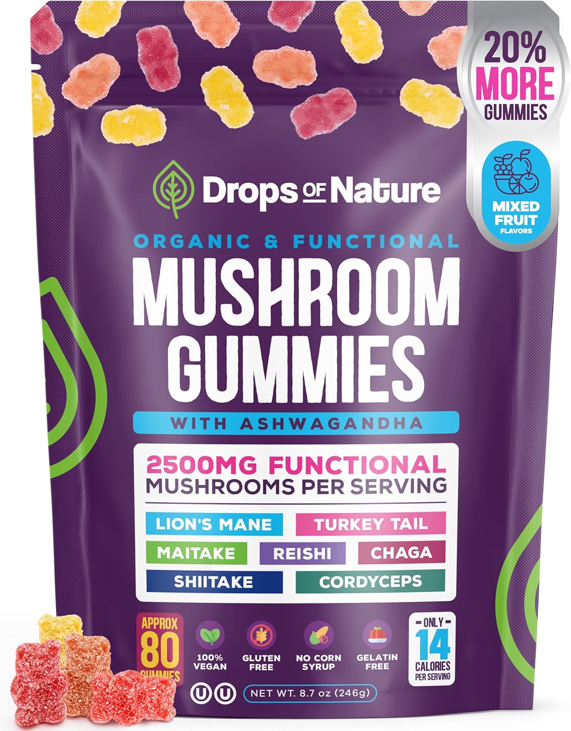 Drops Of Nature Ashwagandha Gummies and Lions Mane Mushroom Gummies Supplement - Organic - Reishi, Cordyceps, Turkey Tail, Maitake, Shitake, Chaga - Immune Defense, Boosts Cognitive Performance, Vegan, Low Carb