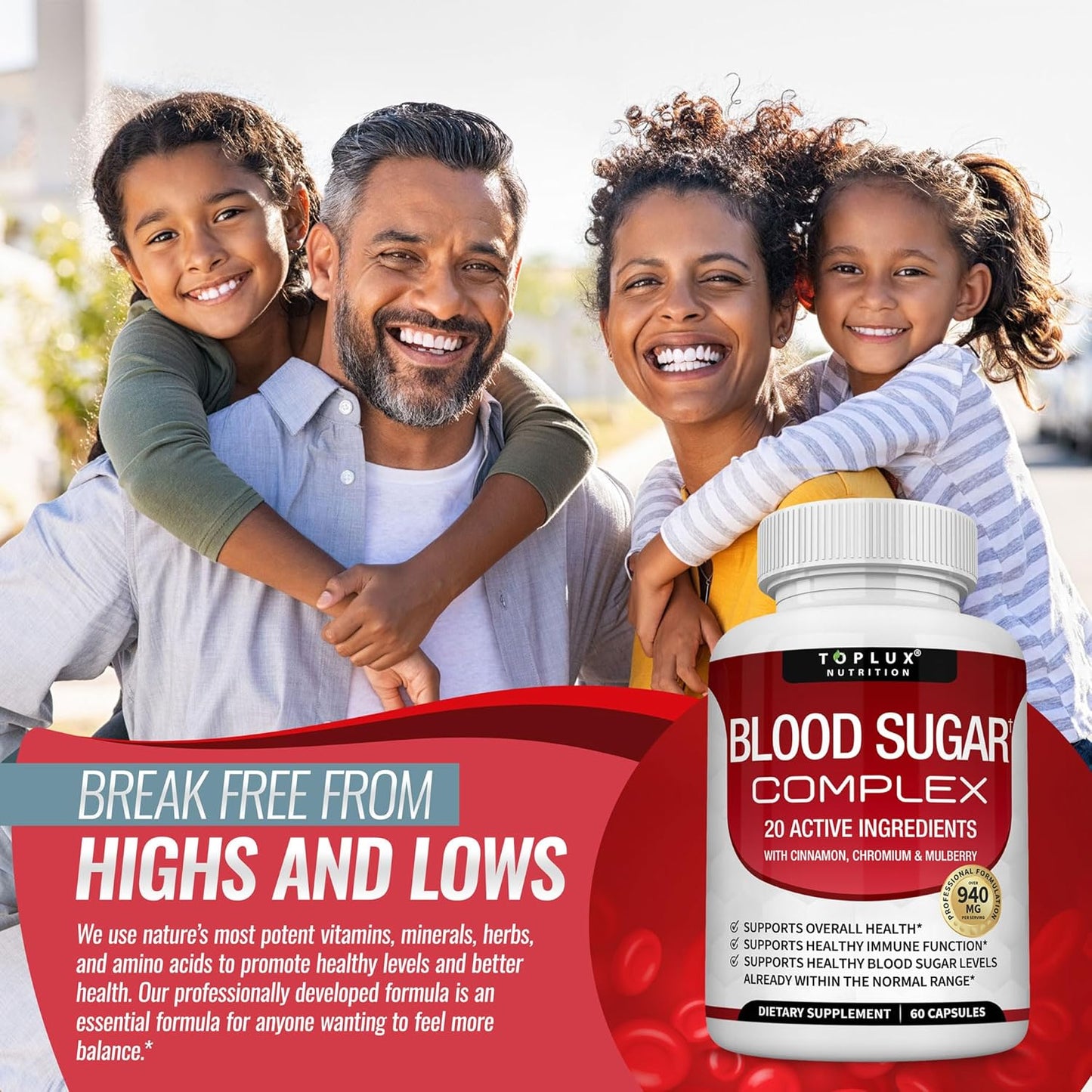 Blood Sugar Complex Supplement - Supports Healthy Blood Sugar Levels Already Within Normal Range All Natural with Cinnamon, Bitter Melon, Chromium, Mulberry, Alpha Lipoic Acid, Non-GMO, 60 Capsules
