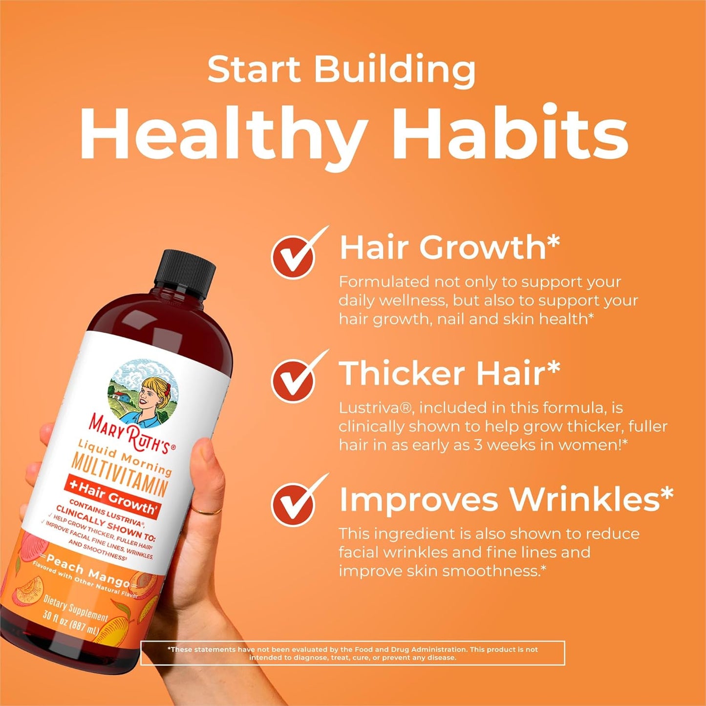 MaryRuth's Liquid Multivitamin + Hair Growth | Biotin 10000mcg | Lustriva Hair Growth Supplement | Clinically Tested in Women for Thicker Hair & Facial Wrinkle | Skin Care | Ages 18+ | 30 Fl Oz