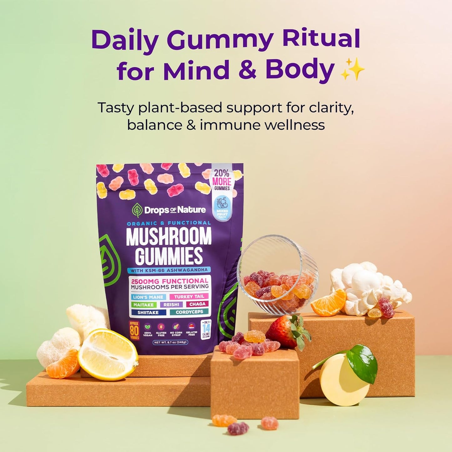 Drops Of Nature Ashwagandha Gummies and Lions Mane Mushroom Gummies Supplement - Organic - Reishi, Cordyceps, Turkey Tail, Maitake, Shitake, Chaga - Immune Defense, Boosts Cognitive Performance, Vegan, Low Carb